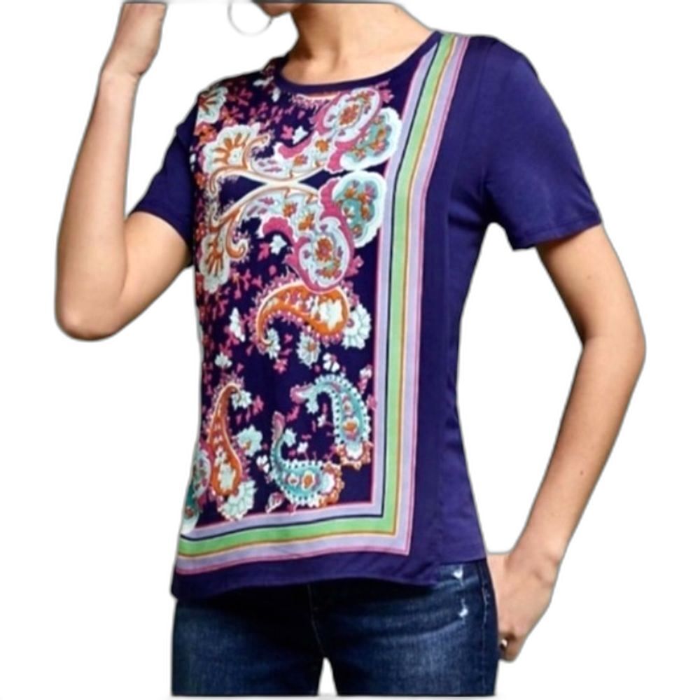Maeve Anthropologie Womens Purple Colorful Paisley Scarf Print SS T-Shirt Sz XS